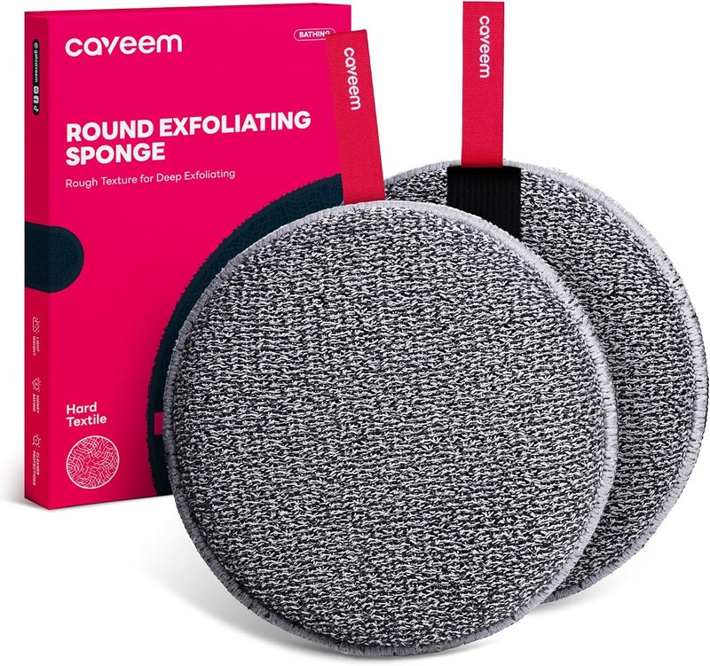 CAVEEM Exfoliating Body Scrubber, Extra Rough Shower Exfoliator Sponge, Body Exfoliating Sponges for Remove Dead Skin, Bath and Body Exfoliate Buffer, Round Sponge for Women (2 Pack) - Image 1